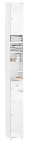 SoBuy Slim Bathroom Storage Cabinet Tall Narrow Bathroom Cupboard White High Gloss - 20x20x180cm Column Unit with 6 Adjustable Shelves & Drawer - Space Saving Freestanding Bathroom Furniture BZR167-GW