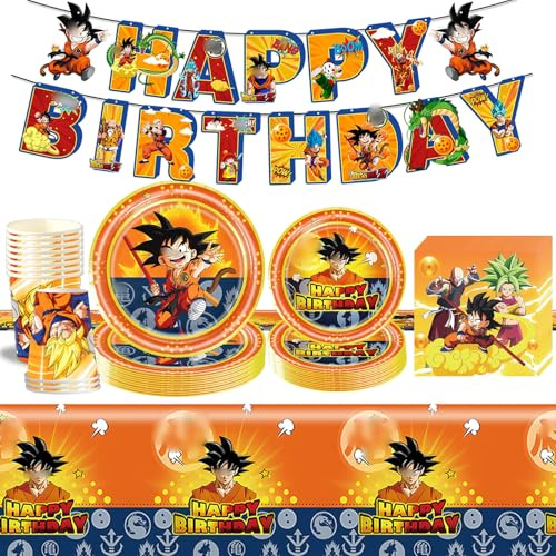Dragon Pappteller Kindergeburtstag Deko Go- Ku Geburtstag Geschirr Set Geburtstagsdeko Partygeschirr Tischdecke Pappteller Tischdecke Banner Teller Servietten Tassen Party Tableware Supplies Deko