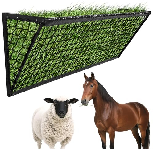 Upgraded Hay Feeder for Goats with Net, 63Inch Long Wall Hay Rack with 50Gallon Large Capacity, Blanket Hay Holder, Heavy Duty Metal Livestock Feeders Frame with Hay Net Side for Horses Farm Sheep