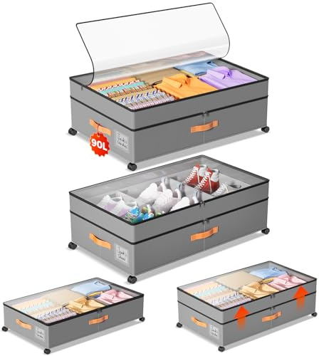 LYCDZT Under Bed Storage with Wheels, Large Capacity UnderBed Containers with Clear Lids, Shoe Organizer Under Bed Drawers, Rolling Under the Bed Storage for Clothes, Shoes, Blankets