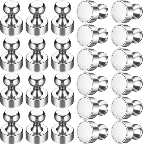 Whiteboard Magnets, 24 Pack Magnetic Push Pins for Notice Board (Silver) | 12×16mm Strong Neodymium Magnets for Fridge, Cruise & Vans, Mini Fridge Magnets for Household & Office Organization
