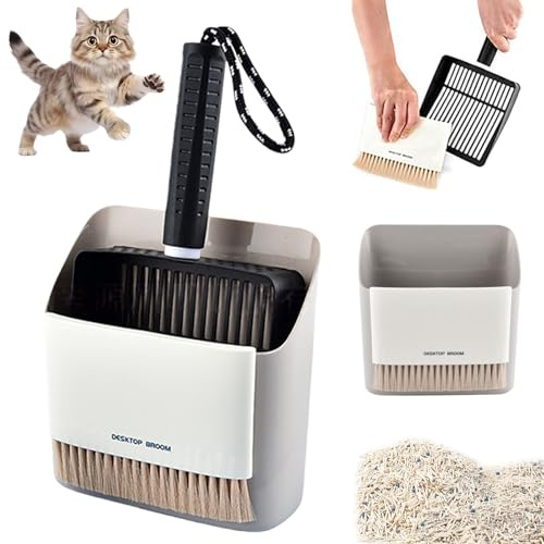 Kattströspade med behållare och liten kvast, kattlåda, skyffel av rostfritt stål, snabbt siktverktyg för rengöring av kattströ, inklusive bärbar liten kvast och sopskyffelset (svart)