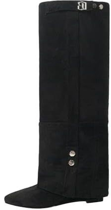 Stivali alti al ginocchio, da donna, con risvolta, con tacco a blocco, per le mezze stagioni, eleganti al ginocchio, stile medievale, stile retrò, Nero , 43 EU