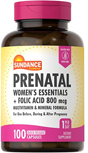 Sundance Prenatal Multivitamin | with Folic Acid | 100 Quick Release Capsules | 800 mcg | Non-GMO, Gluten Free Supplement for Women