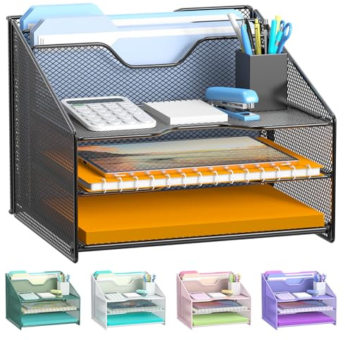 Samstar Desk File Organizer, Mesh Letter File Folder Holder with 3 Paper Trays and 2 Vertical Upright Section, for Office Supplies,Desk Accessories & Workspace,Black.
