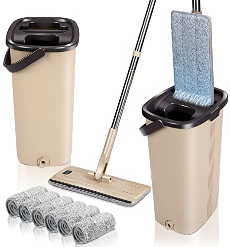 Masthome Mopa Microfibre y Cubo Escurridor, Fregona Plana Giratorio 360° con Cubo Doble Compartimientos y 6 Repuestos Mopa Reutilizables, para Limpieza Lavado de Suelos Secos y Húmedos