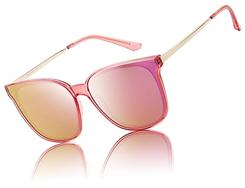 DUCO Sonnenbrille für Damen Polarisiert Sonnenbrille mit UV400 Schutz Vintage Klassisch Runde Metall Rahmen Leichtgewicht Übergroß Sonnenbrillen W016 (Rosa)
