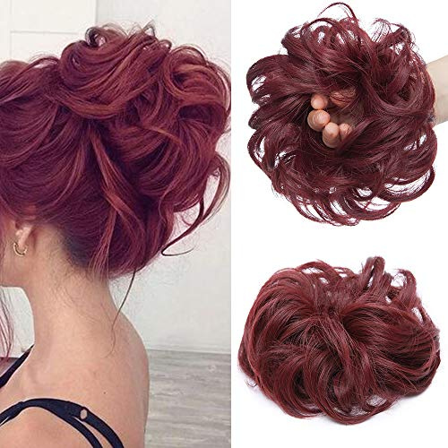 Silk-co Messy Hair Scrunchies for Women Scrunchy Scrunchie Bun Up Do Hair Piece Hair Ribbon Ponytail Extensions Wavy [Wine Red]