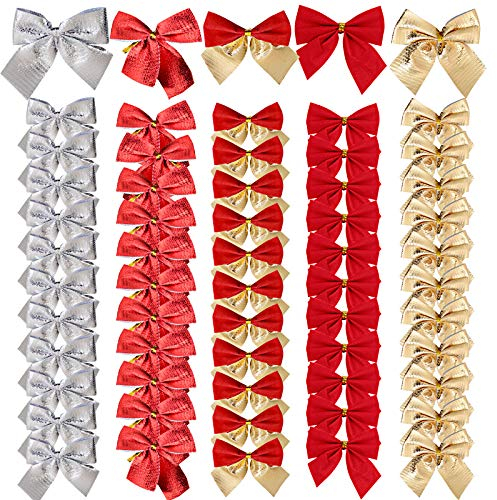 BHGT 60 Pz Fiocchi Natalizi Decorativi Fiocchetti Natalizie Decorazioni per Albero di Natale Ghirlanda Scatole Regalo Nascita Festa Matrimonio Capodanno Fai da Te Nastro Rosso Oro Argento