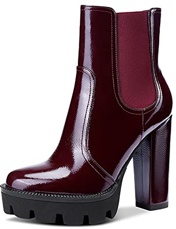 NobleOnly Femme Plateforme Chelsea Boots Cheville Fermeture Eclair Bloc Talon 12CM High Heels Bottes Rouge Bourgogne Vernis Chaussures EU 36