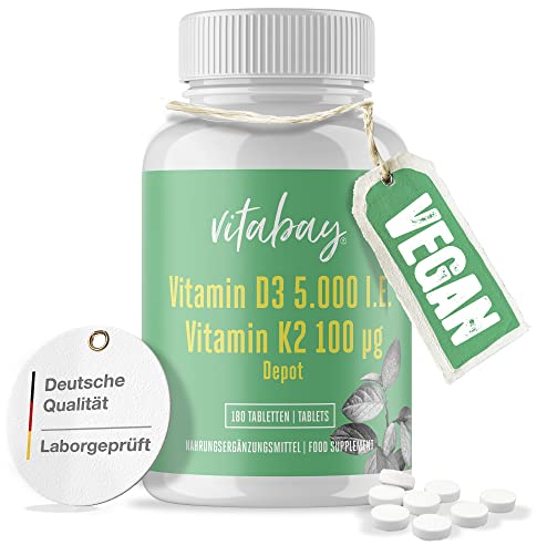 Vitabay Vitamin D3 K2 5000 IE - 180 Vegane Tabletten Vitamin D Hochdosiert - D3K2 Sonnenvitamine - Vit K2 D3 als Unterstützung für Immunsystem, Zähne, Knochen und Muskeln - Laborgeprüft