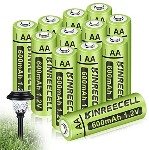 KINREECELL Rechargeable AA Batteries, Ni-MH Double A 600mAh Solar Batteries High Capacity 1.2V Pre-Charged for Outdoor Solar Lights(12pack)