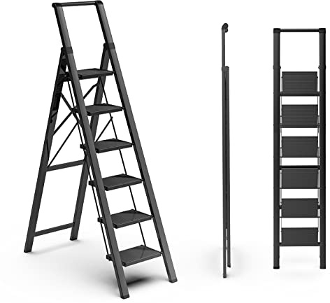 SOLADDER 6 Step Ladder for 12 Feet High Ceiling, Folding Step Stool with Handgrip & Anti-Slip Wide Pedal, Portable Lightweight Aluminum Stepladder for Kitchen, Home (300 lbs Capacity) - Black