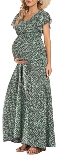 guruixu V Neck Floral Maternity Dress for Photoshoot Baby Shower, Flutter Sleeve Fall Boho Causal Smocked Pregnancy Dress Green