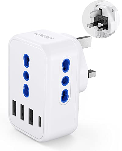 LENCENT Adattatore Presa Inglese da Viaggio, Adattatore Spina UK con 3 Prese Italiane & 3 Porte USB & 1 Porta Tipo C, Adattatore Tipo G da Viaggio per Regno Unito, Irlanda, Dubai, Maldive, Malta-2500W
