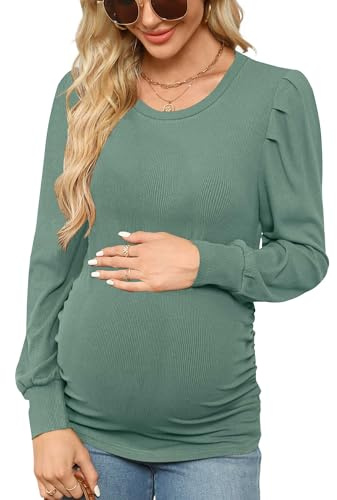 Onedreamer Women's Maternity Shirts Puff Sleeve Round Neck Maternity Top Casual Side Ruched Pregnancy Clothes