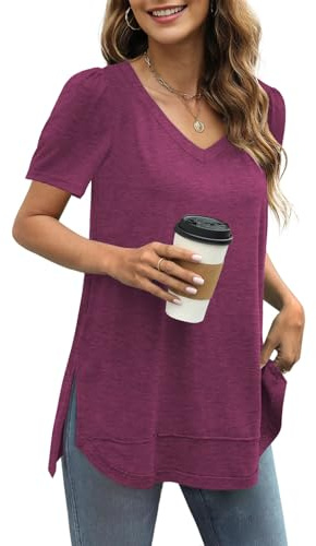 JomeDesign Shirts for Women Short Sleeve Loose Casual Tunic Side Split Summer Tops Red