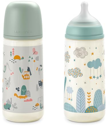 Suavinex, Set de 2 Biberones Anticólicos de 360 ml, Kit de Biberones con Tetina Fisiológica SX Pro de Silicona, de Flujo Denso (L), con Válvula Anticólico, para Bebés +6 Meses. Azul y Verde