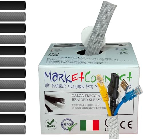 MarketConnect® Guaina Cavi Espandibile Ø 30mm, L 20mt • Raccogli e Nascondi Cavi • Ideale per Scrivania e TV • GRIGIO • INDUSTRIALE SMALL