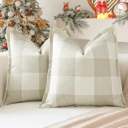 Sungeek - Juego de 2 fundas de cojín decorativas de cuadros escoceses de lino con tartán navideño, fundas de almohada cuadradas con borde cosido para sofá, sofá cama, sala de estar, 40 x 40 cm (Beige)