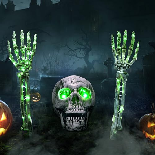 Joellfuner Decoración de Halloween: Cabeza de Muerte y Manos Iluminadas, Esqueleto de Cráneo Luminoso, Efecto Realista