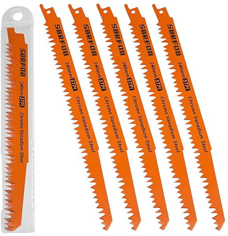 SURFOU Lame Scie Sabre 5 Pièces, Bois Vert L'âme 240mm Longue 5TPI, Lames, pour Multimatériaux Dur Acier Compatibles avec Scies Sabres Et Scies Alternatives