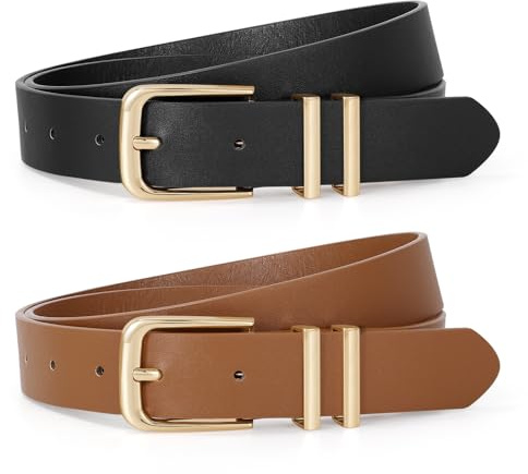 JASGOOD 2 Pack Women Belts for Jeans Pants Dresses Ladies Leather Waist Belts with Gold Buckle