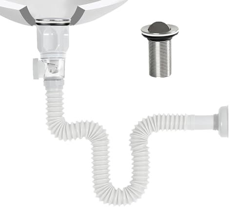 JOZMMZEOOA Égouttoir de Bonde de Lavabo 300-1000Mm Siphon Lavabo Avec Pop-Up Bouchon Bonde Lavabo Vidange de Filtre Tuyau Vidange Flexible Rétractable, Anti-Colmatage Anti-Odeurs Anti-Insectes(Blanc)