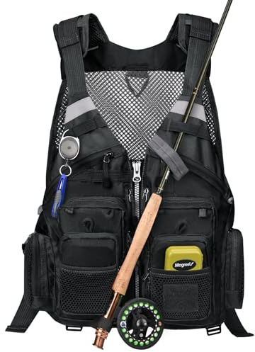 Gonex Gilet da Pesca a Mosca per Uomo e Donna, Regolabile, Con Tasche Multiple e Strisce Riflettenti, per Ingranaggi in Pesca a Mosca e Kayak, Nero, Taglia unica