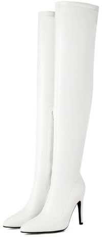 Stivali da donna sopra il ginocchio in pelle elasticizzata, stivali alti con cerniera laterale, stiletti con giunture, scarpe festa da 10 cm,Bianca,36 EU