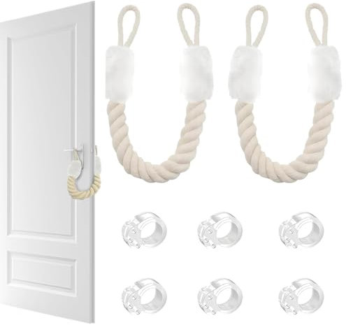 Lot de 2 cordons de porte et 6 butoirs de porte - Butoirs transparents - Pour poignée de porte - Butées de porte - Protection des doigts pour animaux de compagnie et enfants - Blanc
