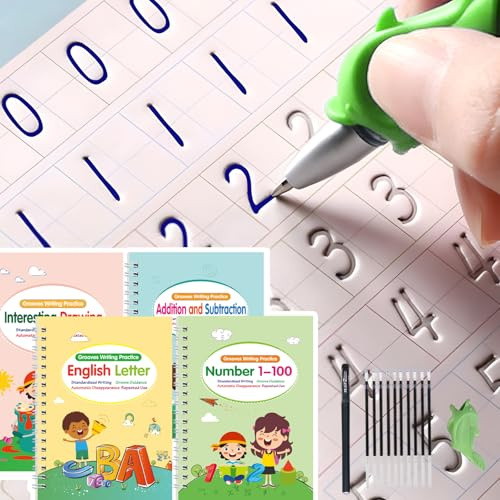 Lubgitsr Lot de 4 grands cahiers d'exercice rainurés réutilisables avec stylo magique pour apprendre à écrire des chiffres et des lettres pour enfants de 3 à 8 ans, calligraphie préscolaire