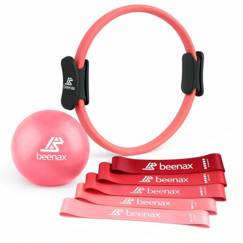 Beenax Pilates Ring Set - Fitness 12” Magic Circle with Double Padded Handles - Includes Soft Pilates Ball, Resistance Bands & Exercise Guide for Yoga, Thighs, Abs, Legs, Core Training