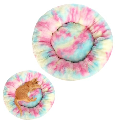 CutitiUU 40x 40 CM Plush Donut Dog Bed,Round Plush Pet Bed,Warm & Washable Dog/Cat Cushion with Non-Slip Bottom,Calming Round Dog Cat Bed Soft and Fluffy Cuddler Puppy Beds,Rainbow Colors