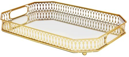 Gyllene spegelbricka 35 x 25 cm, serveringsbricka med glasplatta för parfym och kosmetika, dekorationstallrik med handtag för badrum och vardagsrum, elegant organisatörbricka i guld