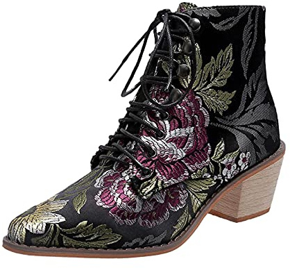 Momolaa Size 5.5 Women Vintage Ankle Booties Lace up Pointed Toe Floral Embroidered Stacked Block Heel Cowboy Boots Western Cowgirl Booties Ethnic Retro Stylish Footwear Gifts Black 2