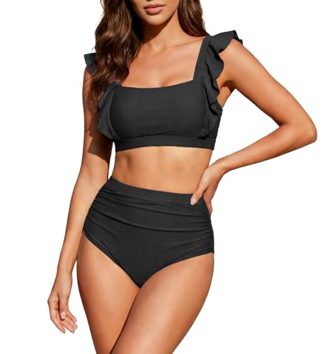 OUSIMEN Traje de Baño 2 Piezas Bikinis Cuello Cuadrado Volantes Talle Alto Bañadores Push Up Swimwear Traje de baño de Dos Piezas