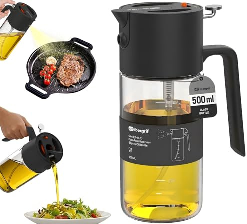 Ibergrif 2-in-1 Ölsprüher & Ölspender 500 ml, Ölflasche aus Borosilikatglas mit Sprüh- und Gießfunktion, Ölspray für Heißluftfritteuse, Airfryer, Grill, Backofen, Salat, Auslaufsicher, Schwarz M530B