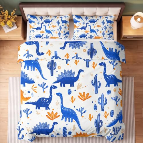 Generiskt fantastiskt påslakanset med roliga äventyr, 135 x 200 cm säng, för barn, pojkar, tonåringar, dinosaurie kaktus påslakanset, ljusblå påslakan med 1 örngott, 2 delar