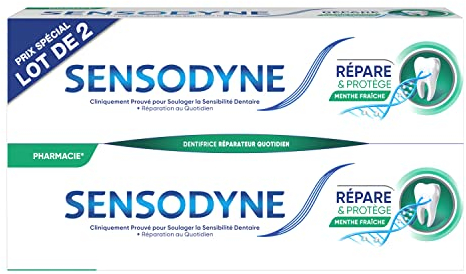 Sensodyne Dentifrice Répare & Protège, Pour les Dents Sensibles, Apporte une Protection Longue Durée, Menthe Fraîche, Lot de 2x75ml