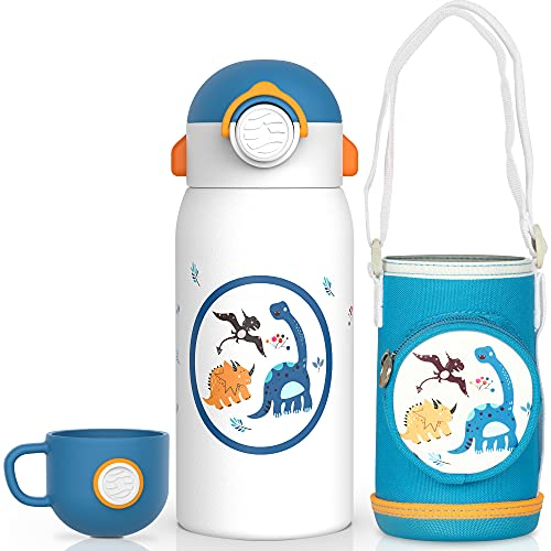 FJbottle 600ml Trinkflasche Kinder Edelstahlflasche mit Strohhalm + 2 Deckeln, BPA-frei Auslaufsichere Doppelwandige Kinderflasche Wasserflasche für Kindergarten/Schule/Outdoor