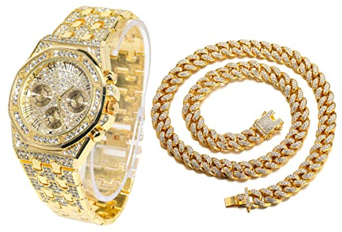 HALUKAKAH Diamant Montre en Or, Hommes Plaqué Or Réel 18K 40MM Large Chiffres Romains Cadran Quartz Bracelet 22cm avec Lien Cubain Chaîne 45cm Collier Set, avec Boite Cadeau