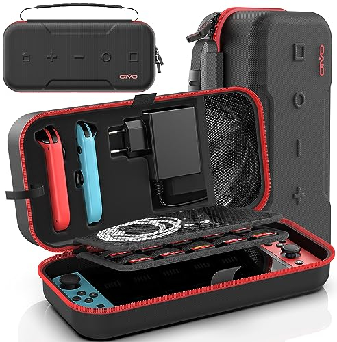 OIVO Switch Tasche kompatibel mit Nintendo Switch/OLED-Modell, Große Switch Tragetasche für Joycon und EU Netzteil, Harte Switch OLED Hülle mit Aufbewahrung für 20 Switch Spiele & Switch Zubehör, Rot