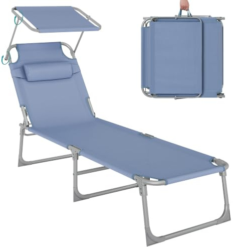 SONGMICS Sdraio prendisole pieghevole, 193 x 53 x 29 cm, supporta fino a 150 kg, cuscino di protezione solare, schienale regolabile, per giardino, piscina, patio, blu, GCB192Q01