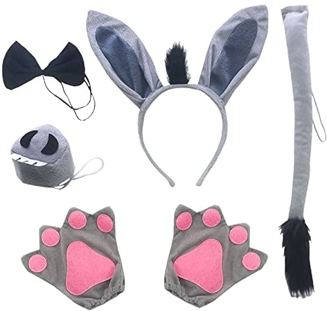 MIVAIUN 6 Piece Donkey Costume Accessory Kit Animal Costume Set Donkey Ear Headband Gloves Bow Tie Tail Nose for Adult Child Halloween Theme Party Cosplay Birthday Props Cartoon Show(Grey)