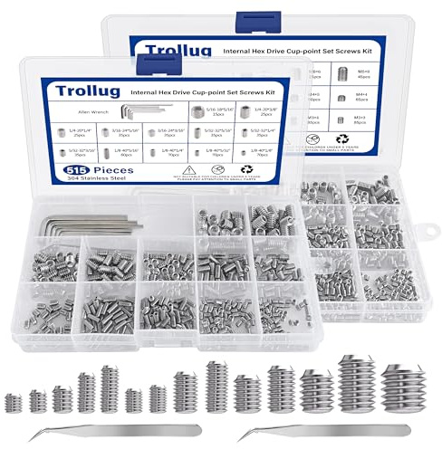 Kit assortito di viti metriche + SAE, 1305 pezzi, kit assortito di viti senza testa con attacco esagonale interno con 10 chiavi esagonali, da M3 a M8 e da 1/8-40 a 5/16-18 (acciaio inossidabile 304)