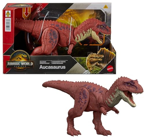 Mattel Jurassic World: El Renacer, Rugido salvaje Aucasaurio Juguete de dinosaurio, aucasaurio con ataque de mordisco en múltiples direcciones y sonido, controlados con la cola, juego digital, JGB88