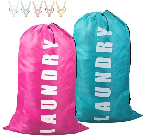Lot de 2 sacs à linge de voyage, sac à linge extra durable, imperméable, avec 5 clips, pour voyage, salle de bain, maison (bleu, rose)