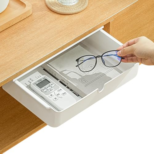 Mokaskaidj Cassetto Sotto Scrivania, 33×23.5×8.5cm Bianco Cassetti Scrivania, Autoadesivo Nascosta Cassetto Sottostruttura per Scrivania/Mobile/Libreria/Mobile da Cucina Ecc, Non è Necessario Forare
