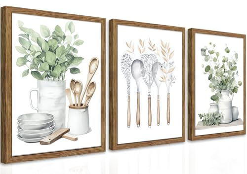 Sage Green Kitchen Canvas Wall Art Set of 3 – Framed Minimalist Eucalyptus Leaves Wall Decor Artwork, Modern Dining Room Plant Pictures Poster Prints for kitchen Home Decoration – 12x16in